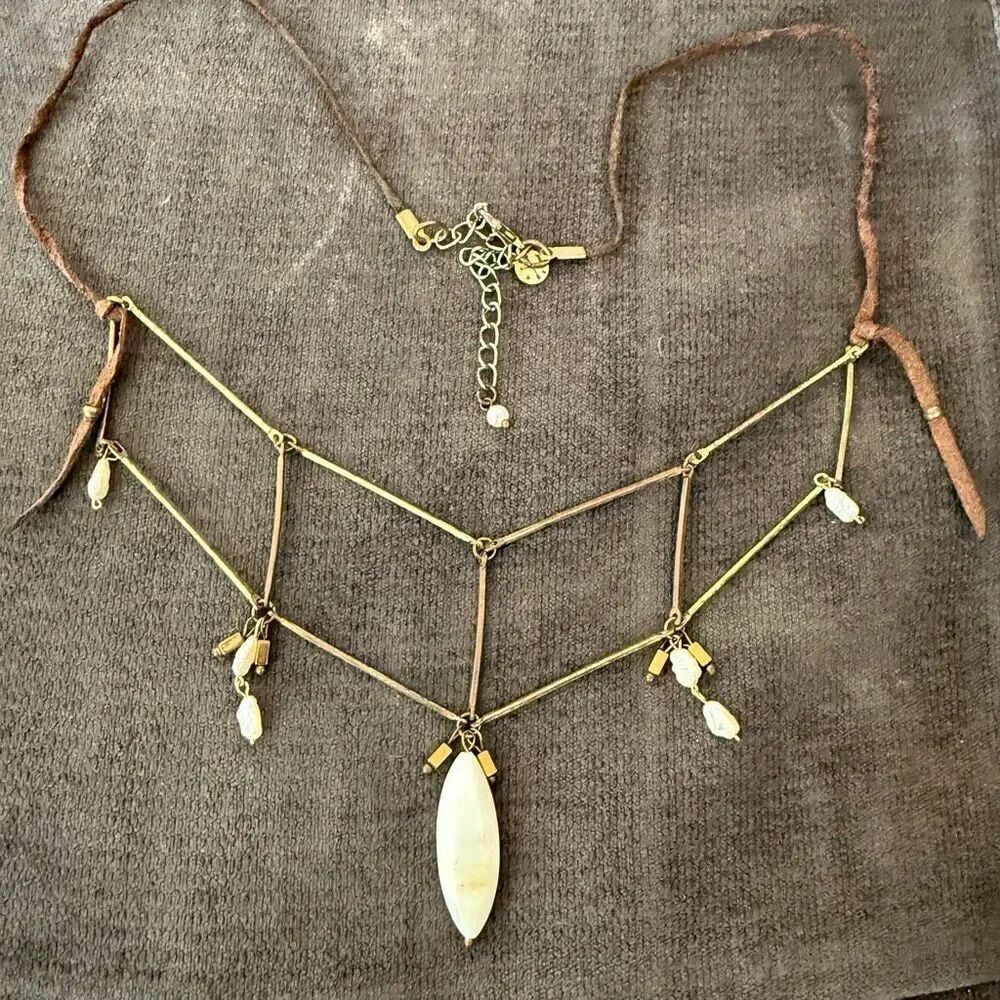 Rare Anthropologie x L&F LeatherโFreshwater Mother of Pearls Goldtone Necklace